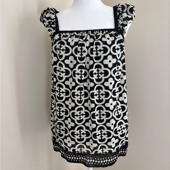 Max Studio Tops - Women’s Black and Cream Patterned Square Neck Blouse | Size Small